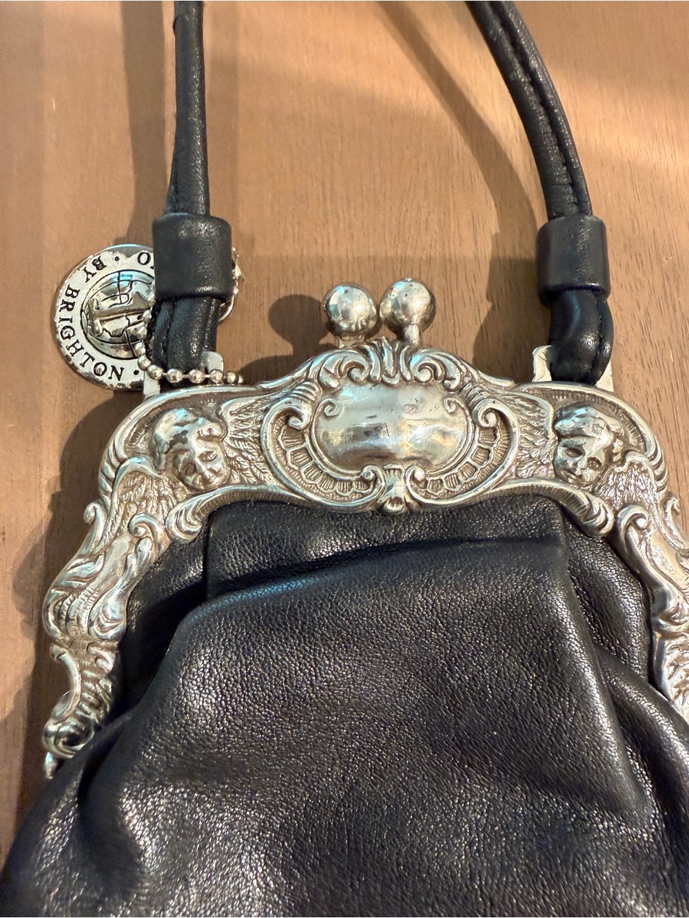 BRIGHTON Black Leather Crossbody Bag with Ornate Silver Frame - Picture 3 of 4